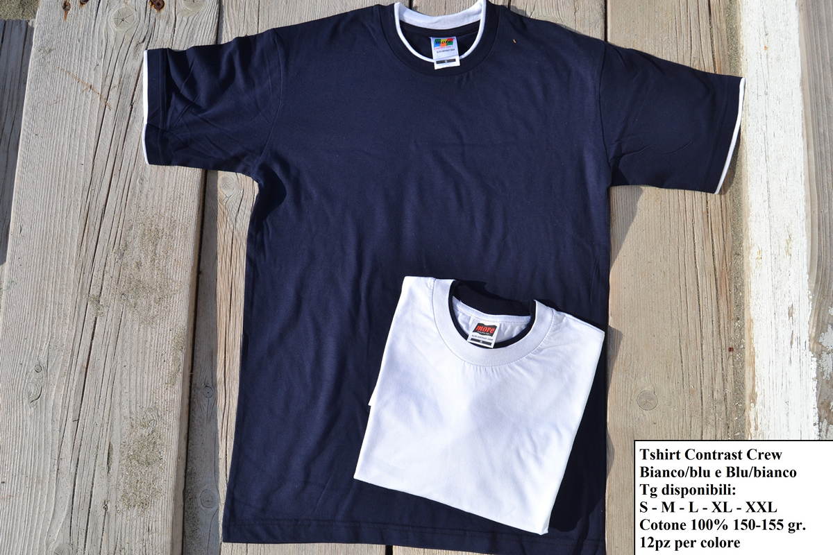 05 Elite Contrast Crew BIANCO E BLU Taglie disponibili S M L XL XXL Cotone 100 150 155 gr 12pz per colore
