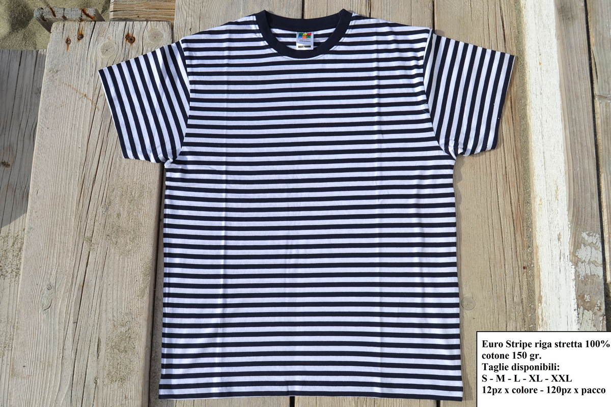 32) Euro Stripe riga stretta 100% cotone 150 gr. Taglie disponibili  S   M   L   XL   XXL   12pz per colore   120 pz per pacco